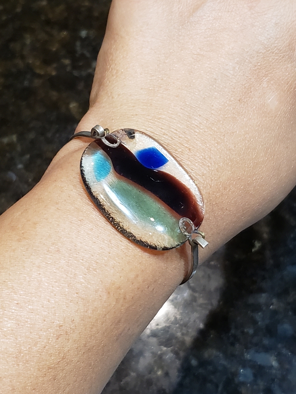 Artisan Multicolor Glass Cabochon Bracelet - Blue, Green, Brown